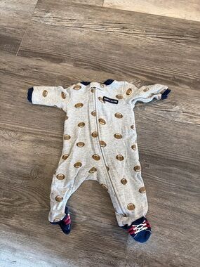 Carter's Gray Football-Print Zippered Footed One-Piece with Navy Accents